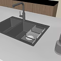 Black Double Bowl Kitchen Sink With Faucet On White Countertop And Wooden Cabinets