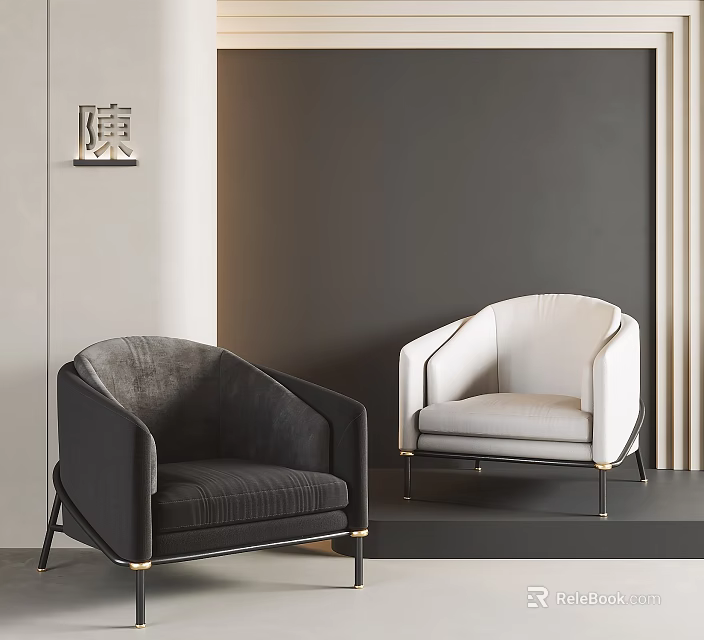 Elegant Modern Accent Chairs In Gray White Velvet With Gold Metal Legs And Curtains 3d model 