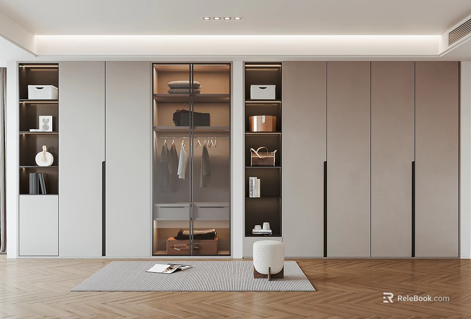 Elegant Modern Wardrobe Interior Design With Glass Doors Hanging Rails And Storage Shelves 3d model 