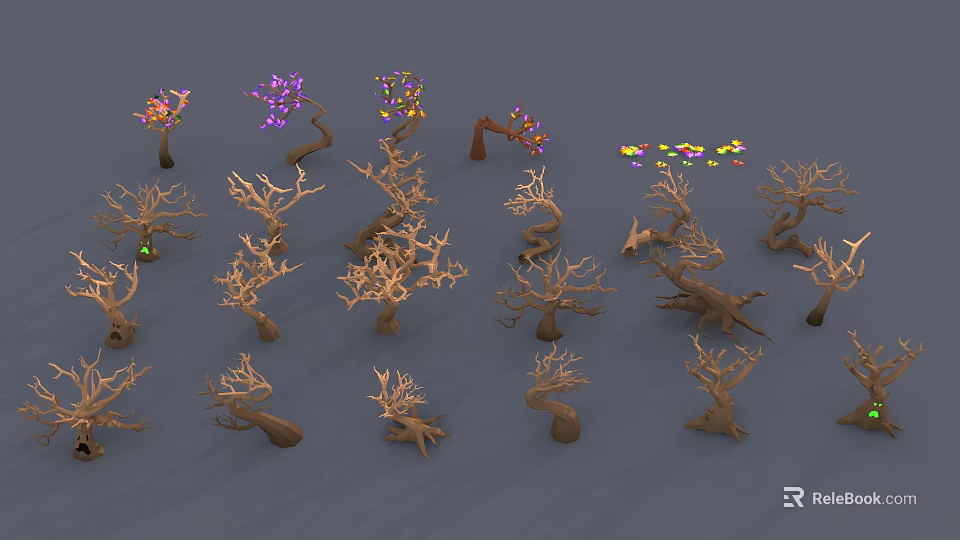 Various Forms of Trees Some With Colorful Glowing Foliage and Dry Branches on Gray Background 3d model 