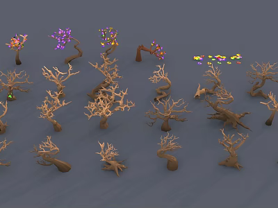 Various Forms of Trees Some With Colorful Glowing Foliage and Dry Branches on Gray Background 3d model