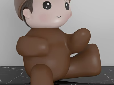 Cute Brown Sitting Cartoon Figurine Decorative Ornament Set on Marble Surface 3d model