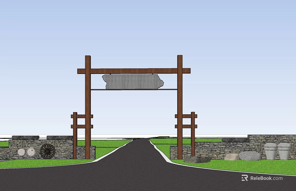 Rustic Wooden Entrance Gate with Top Signboard Stone Walls Decorative Stones and Grassland Roadway 3d model 