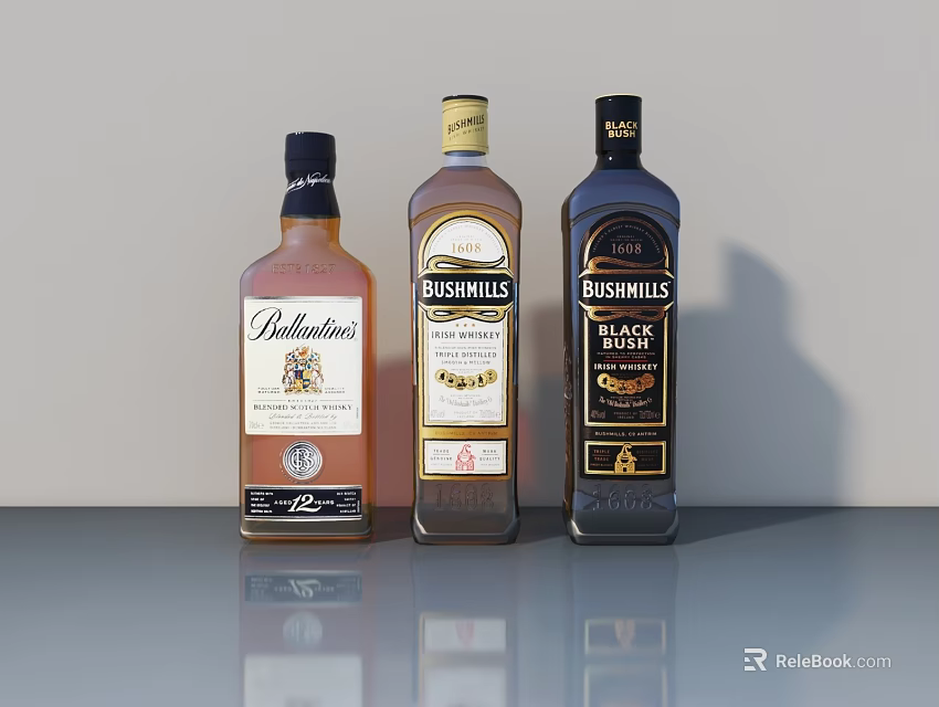 Whiskey Bottles Display with Ballantine's Bushmills and Black Bush on Reflective Surface 3d model 
