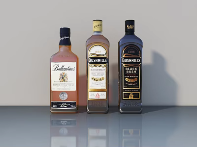 Whiskey Bottles Display with Ballantine's Bushmills and Black Bush on Reflective Surface 3d model