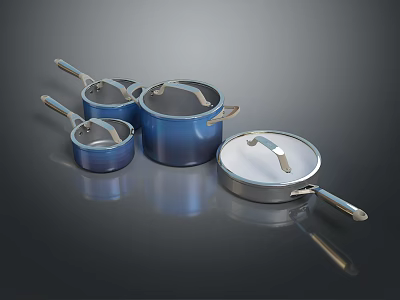 Stylish Blue And Silver Cookware Set With Handles And Lids For Kitchen 3d model