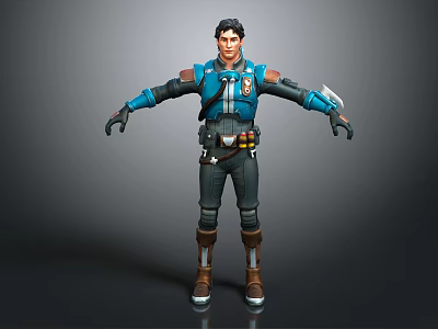 3D Male Character Model Wearing Blue Black Outfit With Arm Guards Utility Belt And Boots 3d model