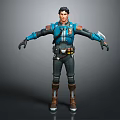 3D Male Character Model Wearing Blue Black Outfit With Arm Guards Utility Belt And Boots
