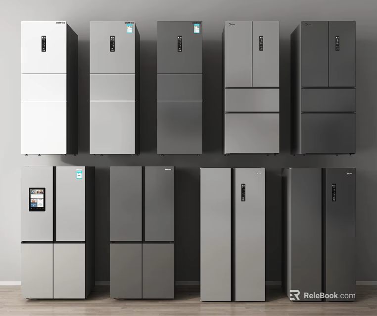 Various Modern Upright Refrigerators In Different Colors And Designs For Kitchen 3d model