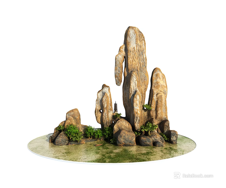 Garden Ornament Natural Rock Formation with Green Plants and Mossy Water Surface 3d model 