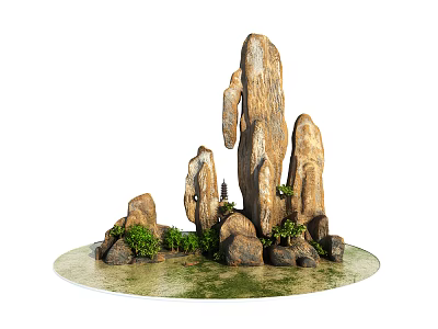 Garden Ornament Natural Rock Formation with Green Plants and Mossy Water Surface 3d model