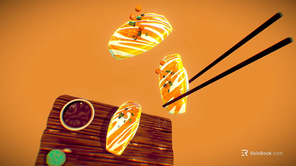 Fresh Salmon Sushi Pieces Being Held By Chopsticks With Soy Sauce Dish On Orange Background 3d model 