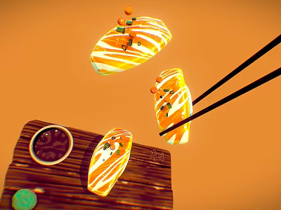 Fresh Salmon Sushi Pieces Being Held By Chopsticks With Soy Sauce Dish On Orange Background 3d model