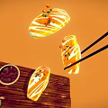 Fresh Salmon Sushi Pieces Being Held By Chopsticks With Soy Sauce Dish On Orange Background