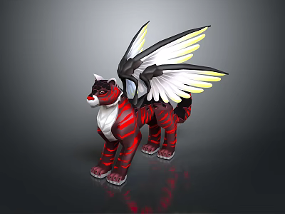 Winged Tiger Like Creature With Red Black Stripes And White Black Yellow Wings 3d model