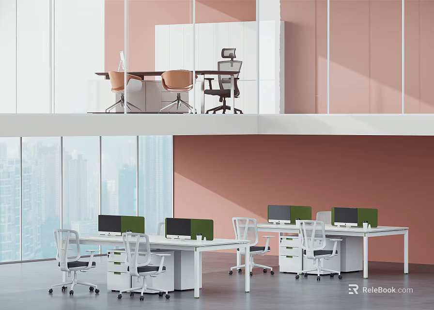 Modern Public Office Space with White Desks Ergonomic Chairs and Large Windows 3d model 