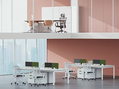 Modern Public Office Space with White Desks Ergonomic Chairs and Large Windows 3d model