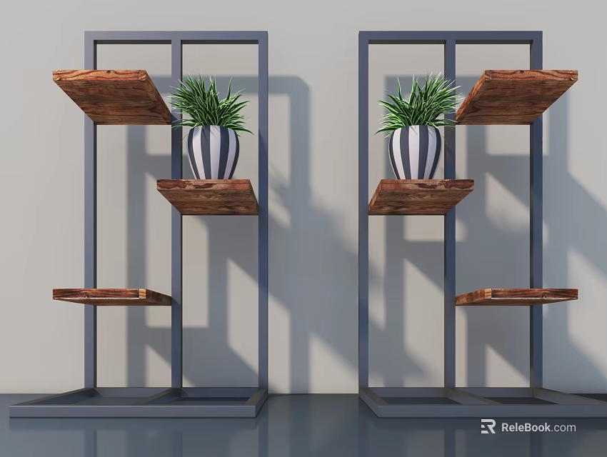 Stylish Garden Decor With Metal Frame Shelves Wooden Shelves And Striped Pots With Green Plants 3d model 
