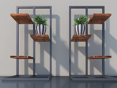 Stylish Garden Decor With Metal Frame Shelves Wooden Shelves And Striped Pots With Green Plants 3d model