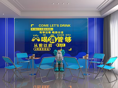 Blue Background Wall With Yellow Text In Indoor Lounge Area Design 3d model