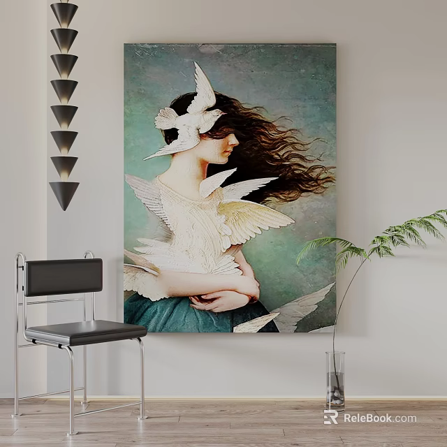 Artistic Female Portrait Painting With Flowing Hair And White Doves In Green Dress 3d model 