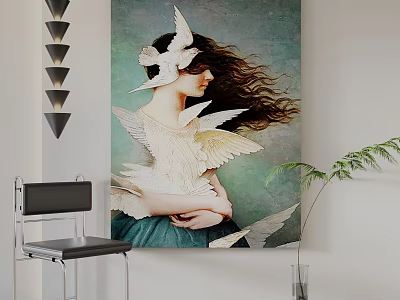 Artistic Female Portrait Painting With Flowing Hair And White Doves In Green Dress 3d model