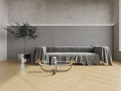 Modern Multi person Sofa Covered with Gray Blanket and Glass Coffee Table Near Green Plant 3d model