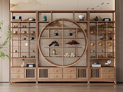 Traditional Chinese Wooden Display Shelf With Circular Design And Decor Items 3d model