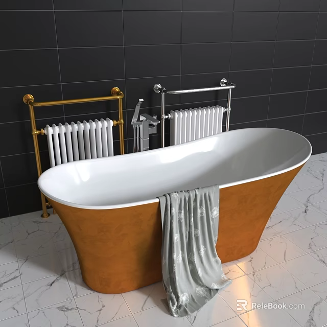 Orange White Freestanding Bathtub With Gold Silver Radiators Black Tiled Walls Marble Floor Gray Towel 3d model 