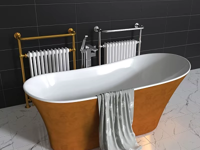 Orange White Freestanding Bathtub With Gold Silver Radiators Black Tiled Walls Marble Floor Gray Towel 3d model