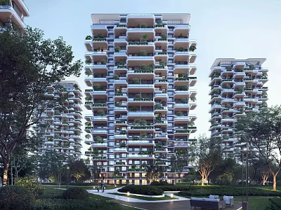 Modern High Rise Residential Buildings With Lush Green Balconies And Surrounding Scenic Greenery 3d model