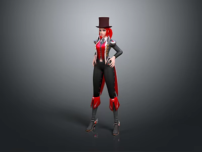 Game Movie Character With Red Hair Top Hat Red Black Outfit Long Boots And Confident Stance 3d model