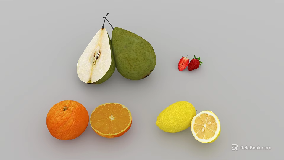 Fresh Fruits Collection With Whole And Sliced Pears Strawberries Oranges And Lemons 3d model 