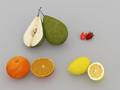 Fresh Fruits Collection With Whole And Sliced Pears Strawberries Oranges And Lemons 3d model