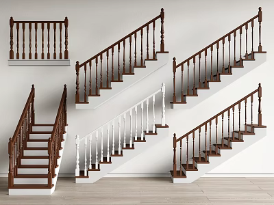 Staircase Design Ideas With Wooden And White Railings For Modern Home Interior 3d model