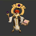 Woman With Red Hair White Gold Outfit Golden Headdress Purple Gem Staff And Open Book