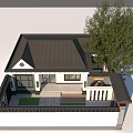 Rural Self-built House With Dark Tile Roof White Wall Black Framed Windows And Moon Gate