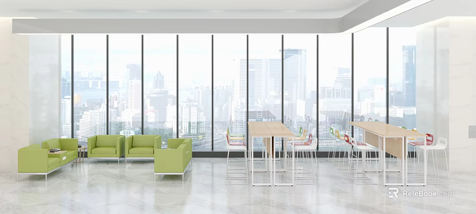 Modern Lounge Area With Large Windows City View Green Sofas White Tables And Chairs 3d model 