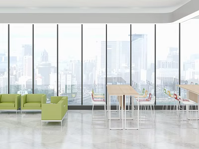 Modern Lounge Area With Large Windows City View Green Sofas White Tables And Chairs 3d model