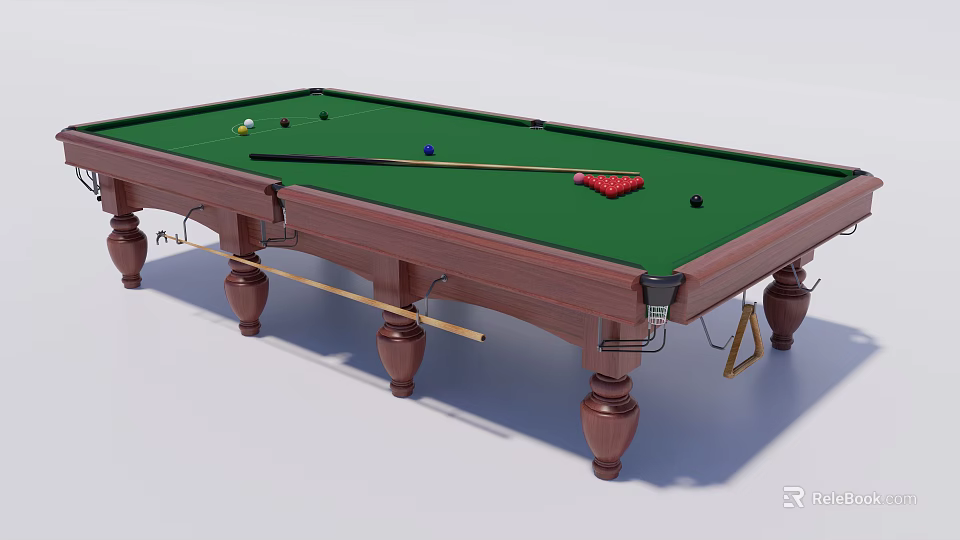Classic Wooden Billiard Table With Green Felt Surface Billiard Balls Cues And Triangular Rack 3d model 