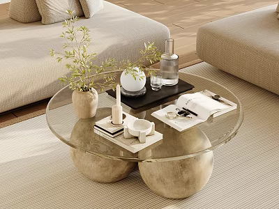 Cozy Modern Coffee Table With Glass Top Stone Bases Plant Tray Cup And Book 3d model