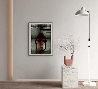 Portrait Oil Painting With Hat On Wall Near Marble Stand And Floor Lamp 3d model