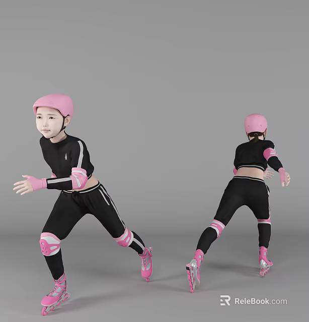 Woman In Black Sportswear With Pink Helmet Knee Elbow Pads And Roller Skates 3d model 
