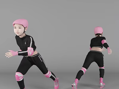 Woman In Black Sportswear With Pink Helmet Knee Elbow Pads And Roller Skates 3d model