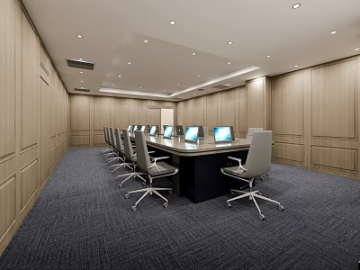 Modern Conference Room With Wooden Walls Dark Carpet Recessed Lighting Long Table And Computer Monitors 3d model