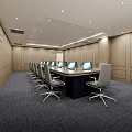 Modern Conference Room With Wooden Walls Dark Carpet Recessed Lighting Long Table And Computer Monitors