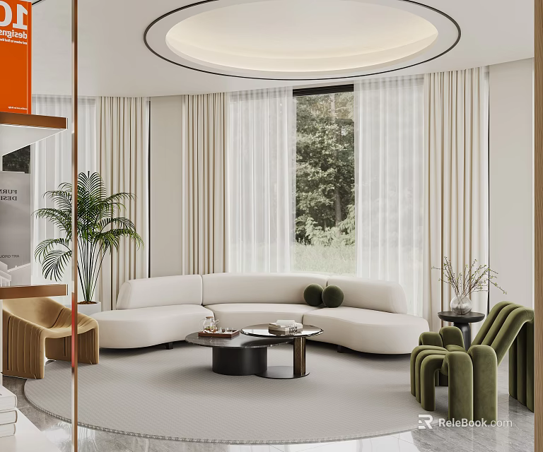 Elegant Modern Reception Area With Round White Sofa Black Coffee Table And Green Chairs 3d model 
