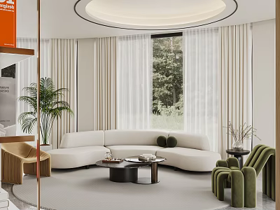Elegant Modern Reception Area With Round White Sofa Black Coffee Table And Green Chairs 3d model