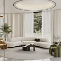 Elegant Modern Reception Area With Round White Sofa Black Coffee Table And Green Chairs