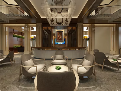 Elegant Sales Office Interior Featuring Luxury Seating Area Reception Desk And Chandelier Design 3d model